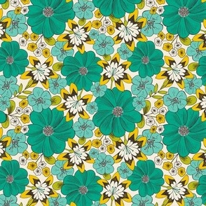 Blooming Garden - Retro Floral Green Aqua Ivory Small Scale