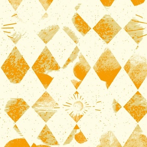 geometric harlequin sky with sun and clouds, cream and yellow