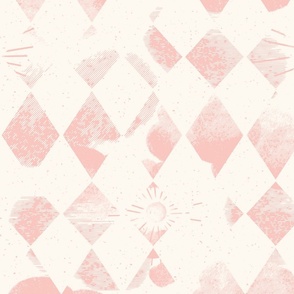 geometric harlequin sky with sun and clouds pink and cream