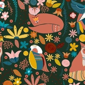 Fox and Birds Folk Art Pattern 