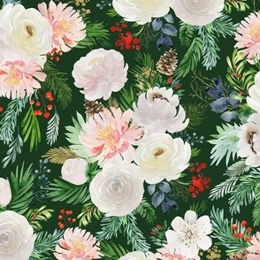 (large) White winter christmas roses and greenery on dark green, watercolor, large scale