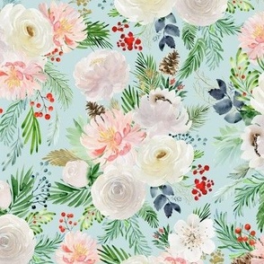 (large) White winter christmas roses and greenery on light aqua blue, watercolor, large scale
