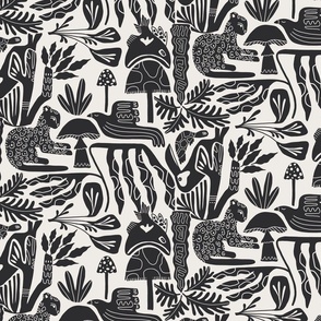 Tropical Jungle with Mushrooms, Fish, Birds and Cheetah in Charcoal 