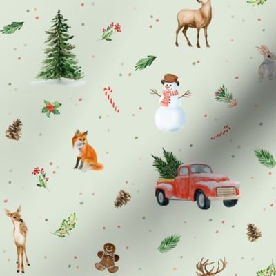 (medium) Watercolor winter in the forest, snowman, reindeer, christmas tree,  red truck, fox on light green, medium scale 