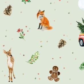 (large) Watercolor winter in the forest, snowman, reindeer, christmas tree,  red truck, fox on light green, large scale 