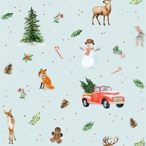 (medium) Watercolor winter in the forest, snowman, reindeer, christmas tree,  red truck, fox on light aqua blue, medium scale 