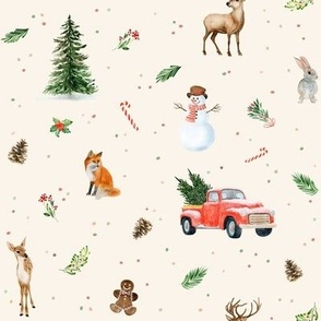 (medium) Watercolor winter in the forest, snowman, reindeer, christmas tree,  red truck, fox on ivory, medium scale  