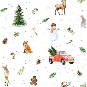 (medium) Watercolor winter in the forest, snowman, reindeer, christmas tree,  red truck, fox on white, medium scale 