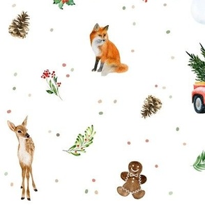 (large) Watercolor winter in the forest, snowman, reindeer, christmas tree,  red truck, fox on white, large scale 