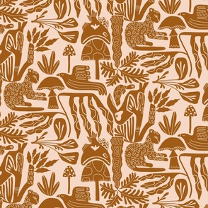 Tropical Jungle with Mushrooms, Fish, Birds and Cheetah in Salmon Pink and Terracotta