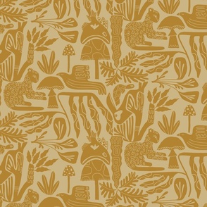 Tropical Jungle with Mushrooms, Fish, Birds and Cheetah in Gold Sandy tones