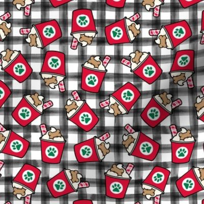 Pup Peppermint treat coffee cups  -  Christmas Dog Coffee Treats - red cups on black  plaid - LAD22