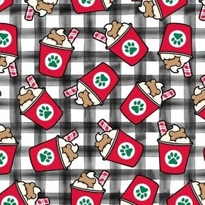 Pup Peppermint treat coffee cups  -  Christmas Dog Coffee Treats - red cups on black  plaid - LAD22