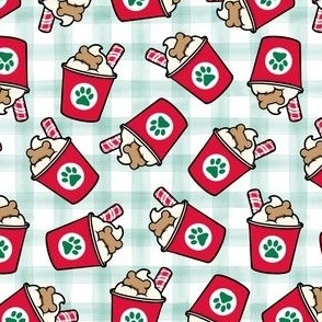 Pup Peppermint treat coffee cups  -  Christmas Dog Coffee Treats - red cups on mint plaid - LAD22