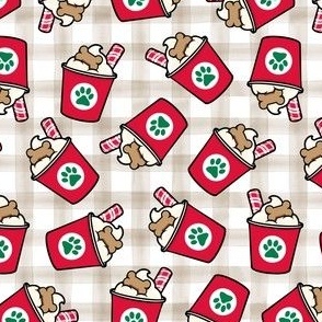 Pup Peppermint treat coffee cups  -  Christmas Dog Coffee Treats - red cups on khaki  plaid - LAD22