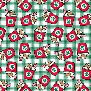 (small scale) Pup Peppermint treat coffee cups  -  Christmas Dog Coffee Treats - red cups on green plaid - LAD22