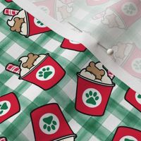 Pup Peppermint treat coffee cups  -  Christmas Dog Coffee Treats - red cups on green plaid - LAD22