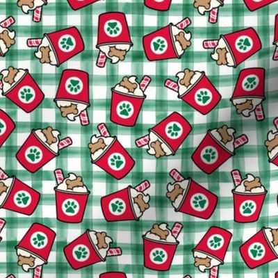 Pup Peppermint treat coffee cups  -  Christmas Dog Coffee Treats - red cups on green plaid - LAD22