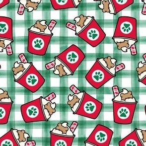 Pup Peppermint treat coffee cups  -  Christmas Dog Coffee Treats - red cups on green plaid - LAD22