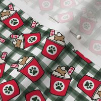 (small scale) Pup Peppermint treat coffee cups  -  Christmas Dog Coffee Treats - red cups on dark green plaid - LAD22