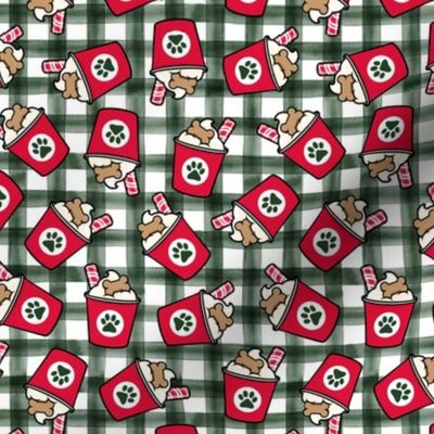 Pup Peppermint treat coffee cups  -  Christmas Dog Coffee Treats - red cups on dark green plaid - LAD22