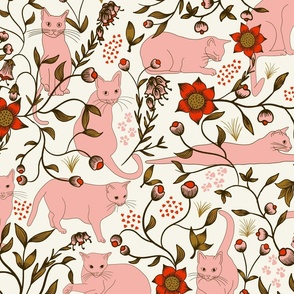 Cats In The Garden - Flower Garden + Pink Cats - LARGE SCALE