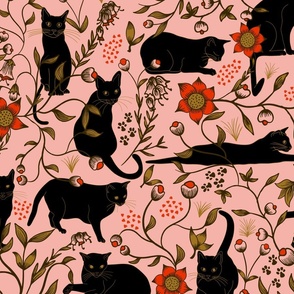 Cats In The Garden - Black Cats - Pink - LARGE SCALE