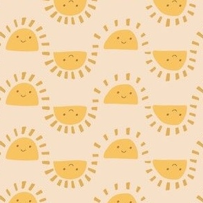 Small - Hello Sunshine - Neutral - Yellow and Beige - Retro  - Smiling Sun - Smiling Face - Happy Cute Sun