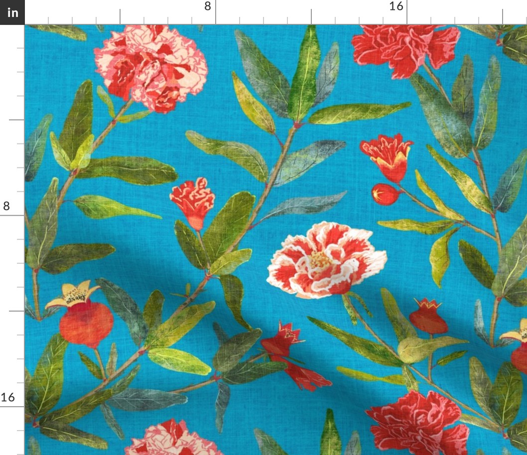 Pomegranate flowers on medium teal