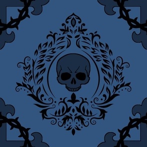 Skull Wreath Cameo Damask country blue 
