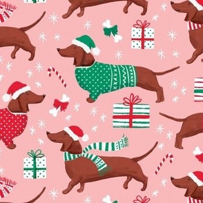 dachshund dog christmas fabric - dachshund fabric, christmas dog fabric, holiday fabric - dusty pink WB22