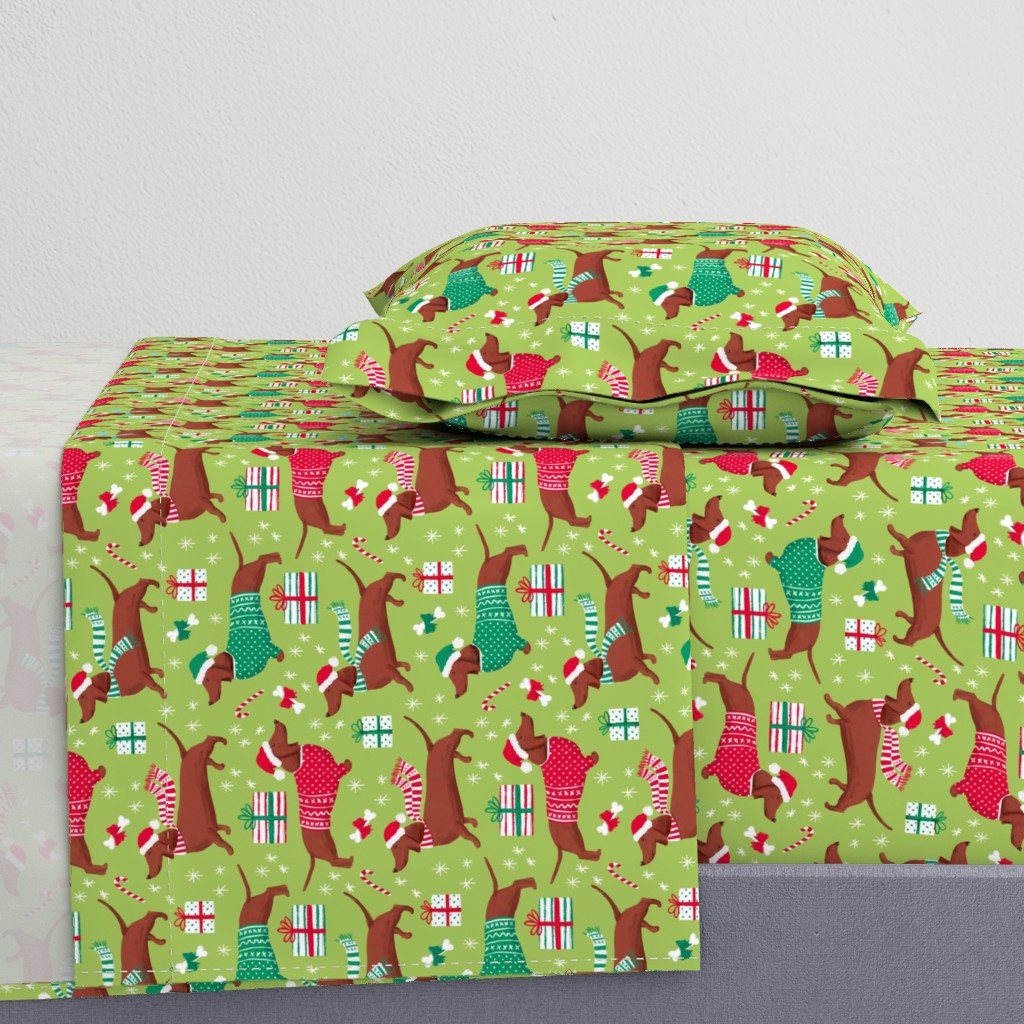 dachshund dog christmas fabric - dachshund fabric, christmas dog fabric, holiday fabric - bright green WB22
