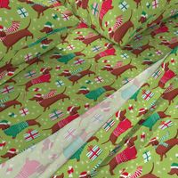 dachshund dog christmas fabric - dachshund fabric, christmas dog fabric, holiday fabric - bright green WB22