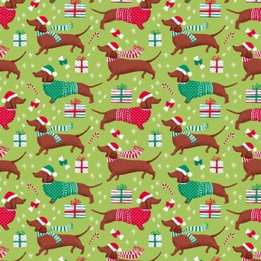 dachshund dog christmas fabric - dachshund fabric, christmas dog fabric, holiday fabric - bright green WB22