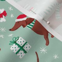 dachshund dog christmas fabric - dachshund fabric, christmas dog fabric, holiday fabric - light green WB22