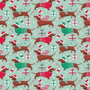 dachshund dog christmas fabric - dachshund fabric, christmas dog fabric, holiday fabric - light green WB22