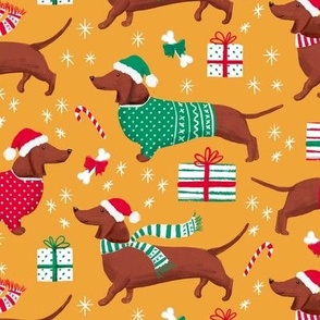 dachshund dog christmas fabric - dachshund fabric, christmas dog fabric, holiday fabric - golden WB22