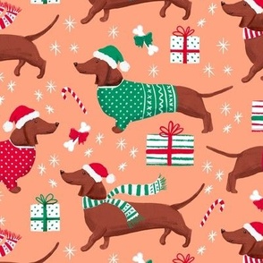 dachshund dog christmas fabric - dachshund fabric, christmas dog fabric, holiday fabric - peach WB22