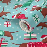 dachshund dog christmas fabric - dachshund fabric, christmas dog fabric, holiday fabric - turquoise WB22