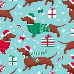 dachshund dog christmas fabric - dachshund fabric, christmas dog fabric, holiday fabric - turquoise WB22