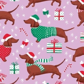 dachshund dog christmas fabric - dachshund fabric, christmas dog fabric, holiday fabric - purple WB22