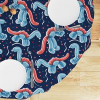 Normal scale // Dino-mite roaring party! // midnight blue background blue coral and neon red fun party balloon dinosaurs and confetti 