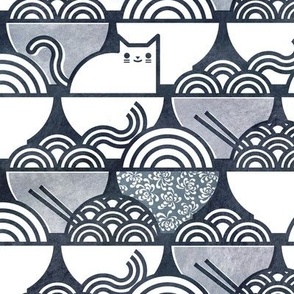Cat Noodle Large- Black and White Cute Cats Fabric- Gray- Grey- Neutral- Kawaii Ramen Pets- Japanese Novelty Pet