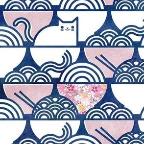 Cat Noodle Large- Navy Blue and White with Pink Bowls-  Cute Cats Fabric- Gray- Grey- Neutral- Kawaii Ramen Pets- Japanese Novelty Pet