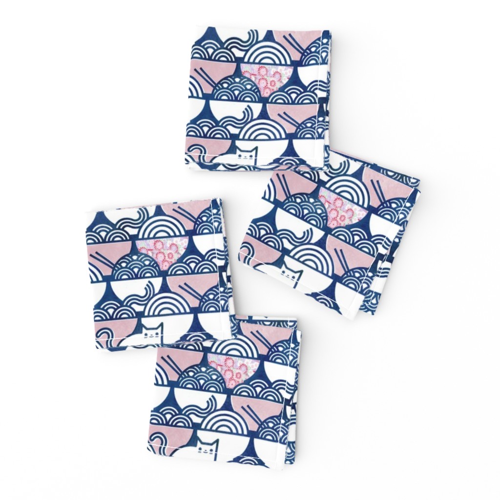 Cat Noodle Medium- Navy Blue and White with Pink Bowls-  Cute Cats Fabric- Gray- Grey- Neutral- Kawaii Ramen Pets- Japanese Novelty Pet