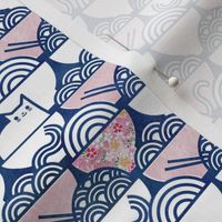 Cat Noodle Small- Navy Blue and White with Pink Bowls-  Cute Cats Fabric- Gray- Grey- Neutral- Kawaii Ramen Pets- Japanese Novelty Pet