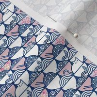 Cat Noodle Mini- Navy Blue and White with Pink Bowls-  Cute Cats Fabric- Gray- Grey- Neutral- Kawaii Ramen Pets- Japanese Novelty Pet