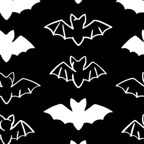 Cute Line Art Bats | Medium Scale | Creamy white, pure black | multidirectional black and white halloween