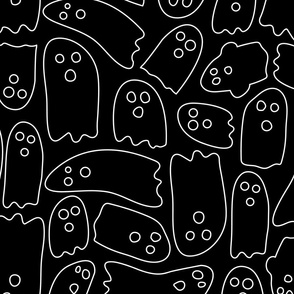 Cute Line Art Ghosts | Medium Scale | Ghostly white, classic black | black and white