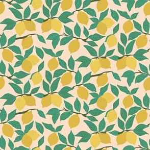 Lemon Tree | | Yellow Lemons and Green Leaves on Peach || Coastal Cottage Collection by Sarah Price 